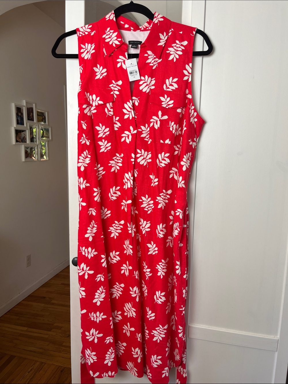Ann Taylor Red Sleeveless Midi Shirt Dress with White Floral Print